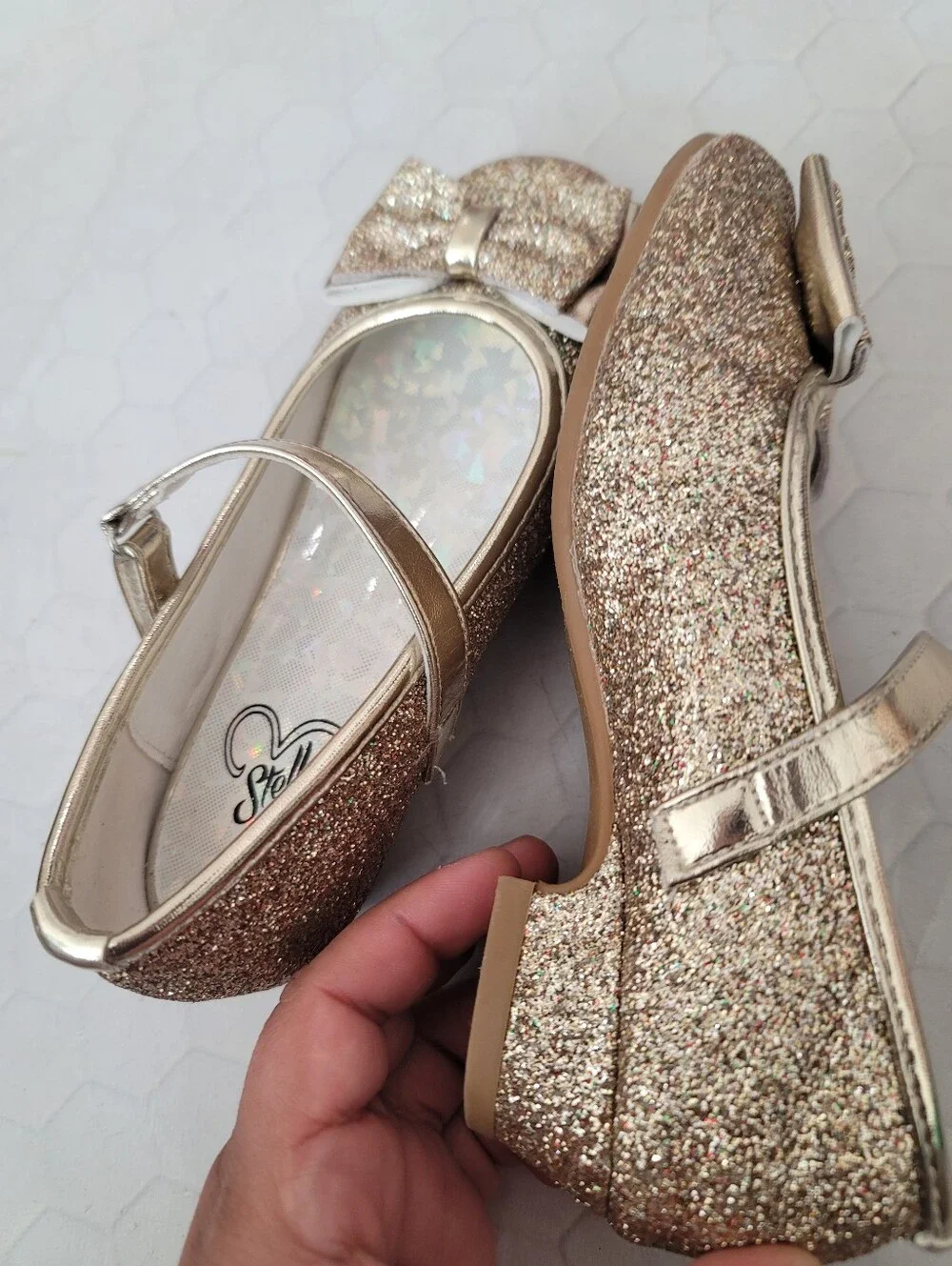 Girls 12 Gold Glitter Metallic Shimmer Wedding‎ Shoes Party Formal Bow Stelle
